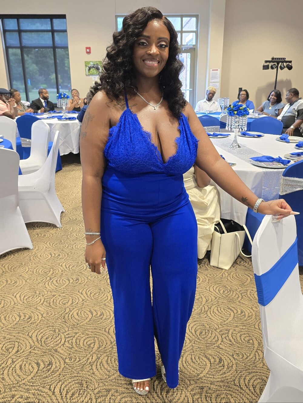 Fashion Nova Royal Blue Lace-Trim Wide Leg Jumpsuit